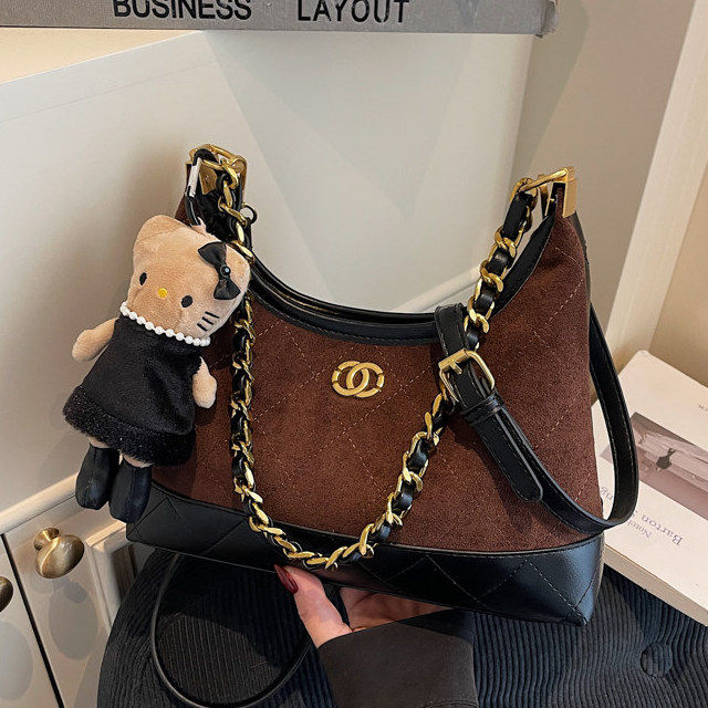 小香风麂皮绒菱格链条腋下包女2025秋冬新款百搭通勤单肩斜挎包