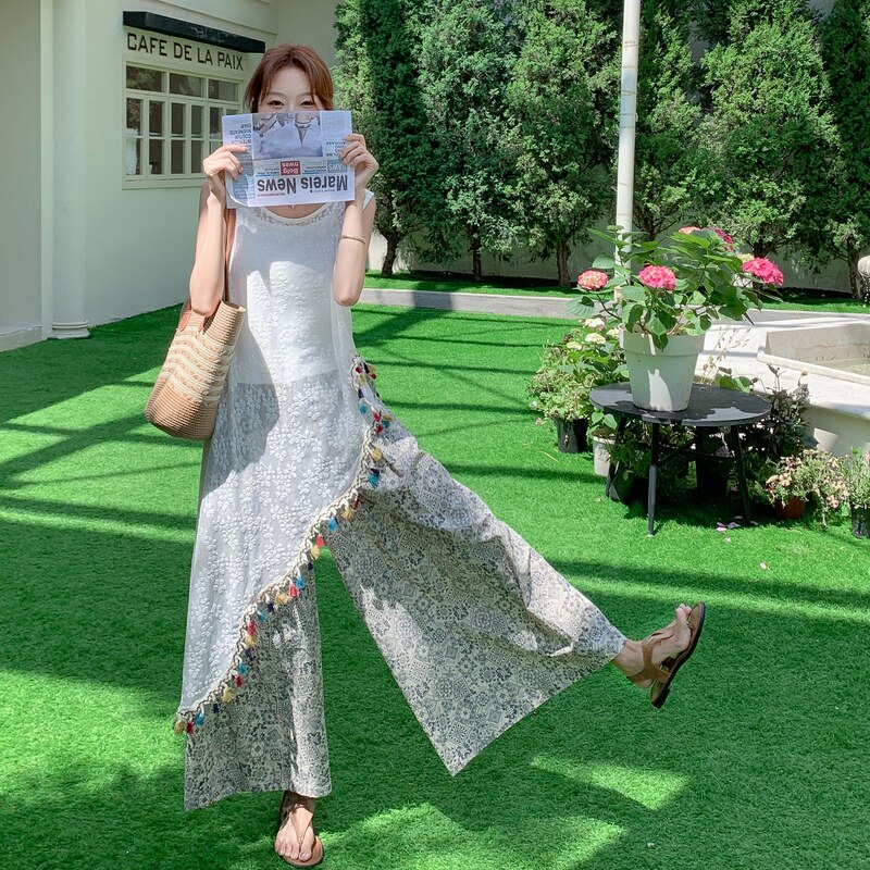 法式气质不规则流苏罩衫套装裙女2025夏季拼色印花直筒阔腿裤套装,女装套装/套裙,2C036