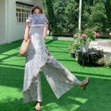 法式气质不规则流苏罩衫套装裙女2025夏季拼色印花直筒阔腿裤套装，女装套装/套裙，2C036