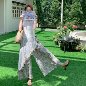 法式气质不规则流苏罩衫套装裙女2025夏季拼色印花直筒阔腿裤套装图片