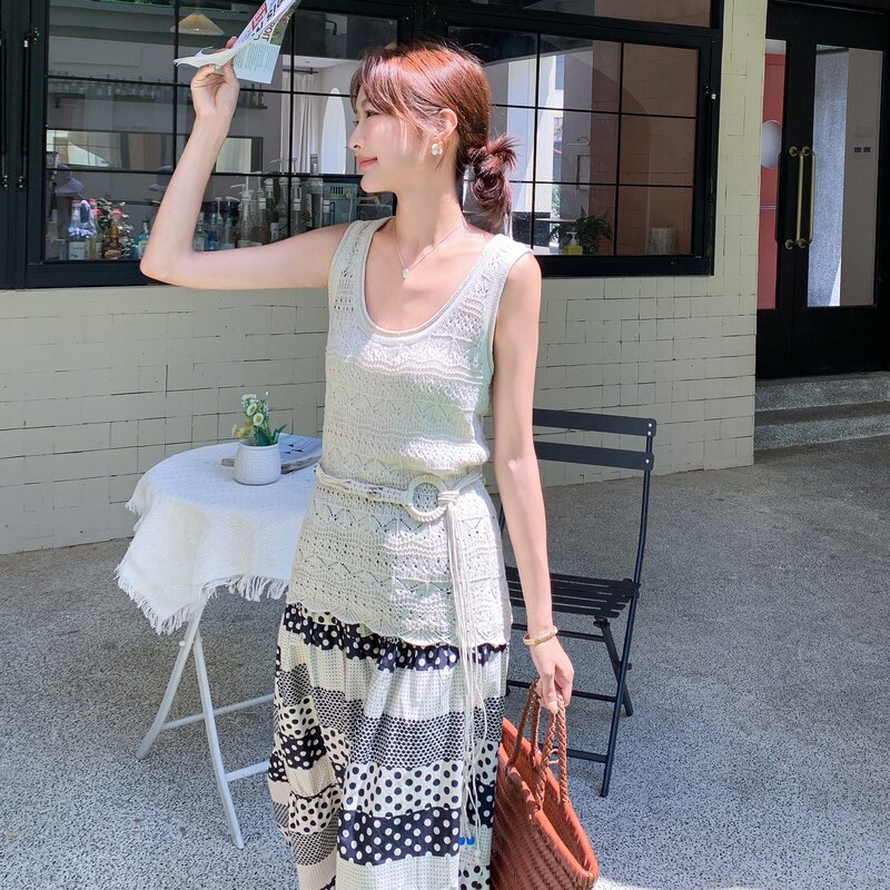 海边度假风镂空上衣套装裙子女夏季2025新款波点条纹半身裙两件套,女装套装/套裙,2C036