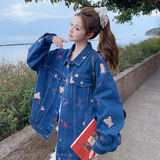 港风复古小熊牛仔短外套女2025春秋季新款休闲减龄学院风夹克上衣，女装短外套，2C036