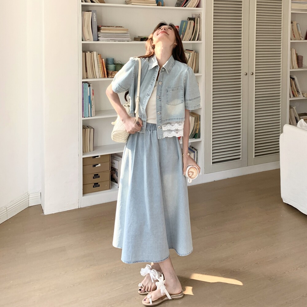 ootd穿搭蕾丝拼接短外套配长裙女夏2025新款超火休闲减龄牛仔套装,女装套装/套裙,2C036