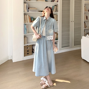 ootd穿搭蕾丝拼接短外套配长裙女夏2025新款超火休闲减龄牛仔套装图片