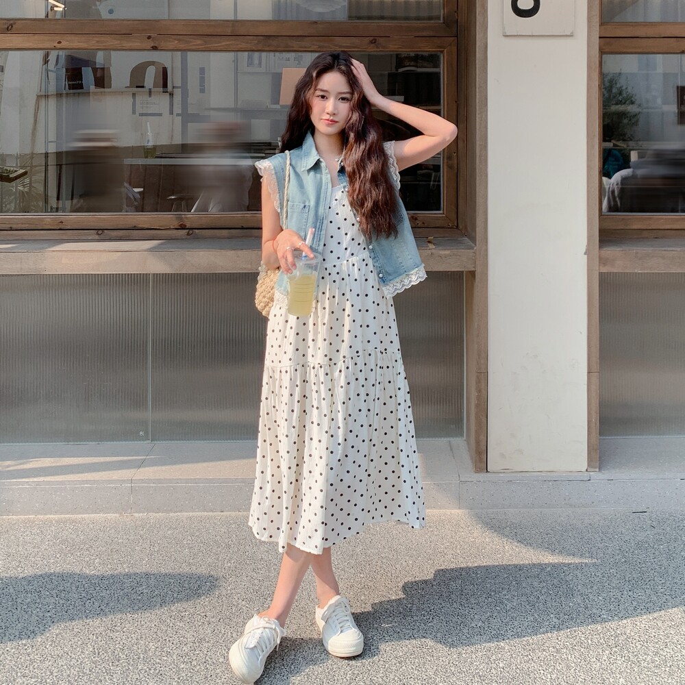 温柔穿搭薄款牛仔马甲连衣裙女夏新款显瘦波点吊带长裙,女装连衣裙,2C036