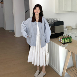 秋装新款 冰河蓝领子拼色风衣外套 RF2C036-F326-P150-K218图片
