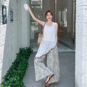 法式气质不规则流苏罩衫套装裙女2025夏季拼色印花直筒阔腿裤套装图片