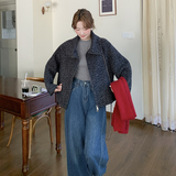 韩系穿搭黑灰花双面呢短外套女秋冬2025新款加厚翻领羊毛夹克上衣，女装毛呢外套，2C036