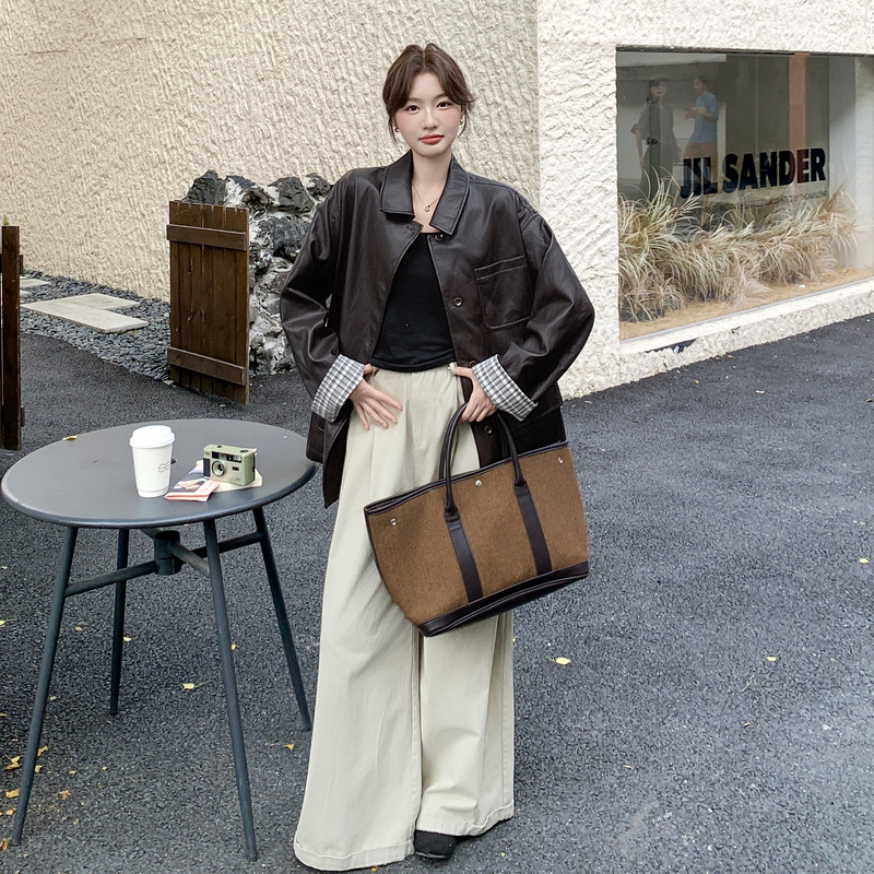 咖色格子拼接皮衣外套女2025秋新款美拉德高级感复古气质PU皮夹克,女装皮衣,2C036