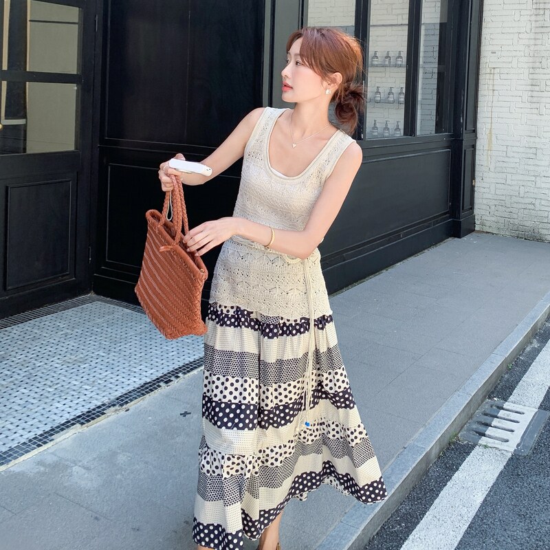 韩系气质镂空针织背心两件套女2025夏季慵懒风印花吊带裙淡人套装,女装套装/套裙,2C036