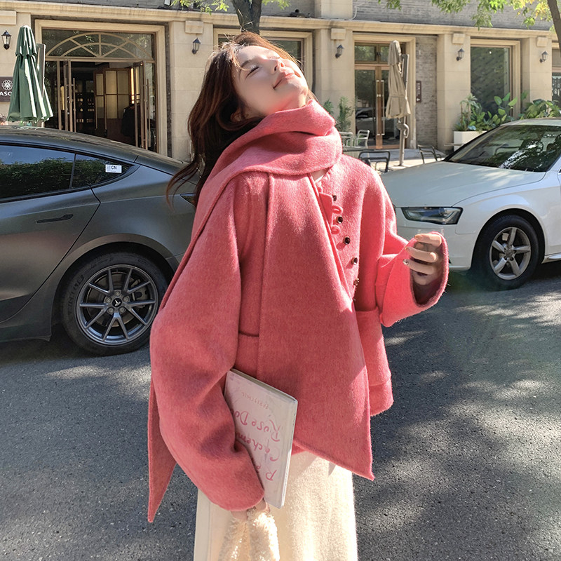 粉色短款小香风双面羊绒大衣女2024秋冬新款小个子超好看羊毛外套,女装毛呢外套,2C036