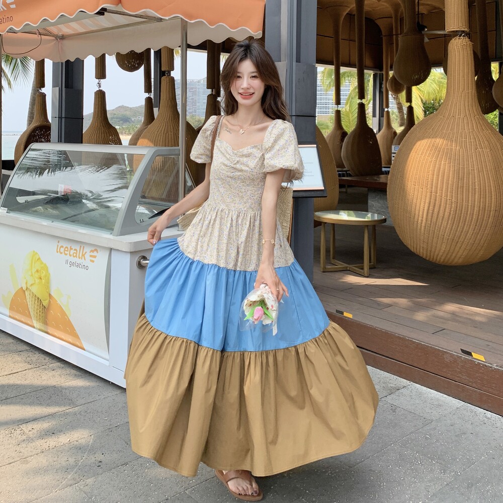 森系撞色拼接碎花连衣裙女2025夏季新款复古泡泡袖宽松减龄茶歇裙,女装连衣裙,2C036