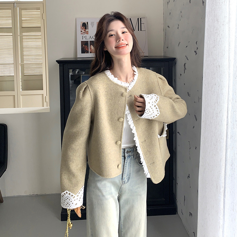 蕾丝花边小香风羊毛呢子外套女2025年春秋季新款韩版显瘦毛呢大衣,女装毛呢外套,2C036