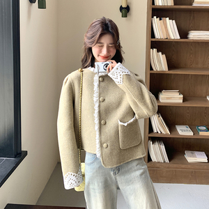 蕾丝花边小香风羊毛呢子外套女2025年春秋季新款韩版显瘦毛呢大衣图片