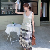 韩系气质镂空针织背心两件套女2025夏季慵懒风印花吊带裙淡人套装，女装套装/套裙，2C036