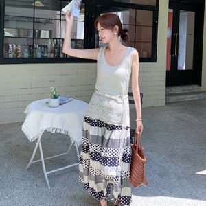 韩系气质镂空针织背心两件套女2025夏季慵懒风印花吊带裙淡人套装图片
