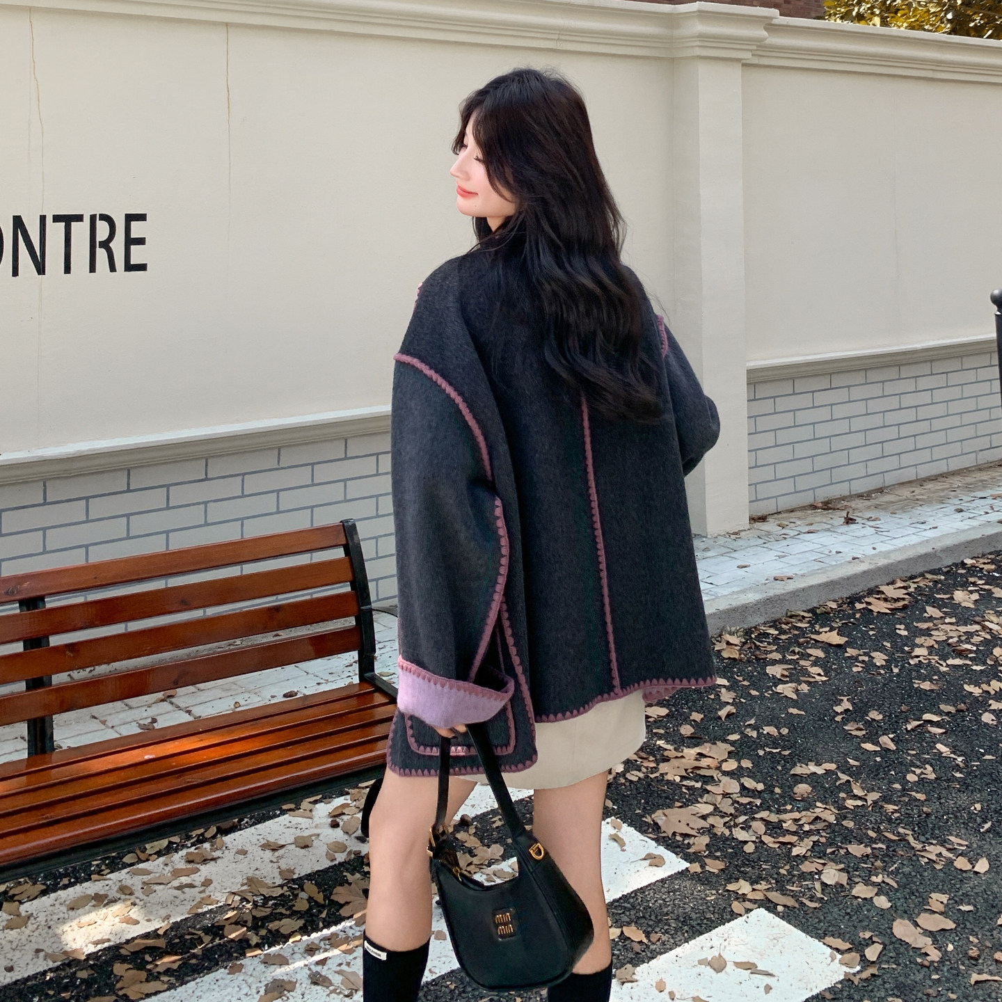 灰紫色双面羊毛大衣女冬季高级感时尚气质撞色两面穿围巾毛呢外套,女装毛呢外套,2C036