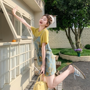 休闲牛仔背带裤套装女2025夏新款气质通勤风无袖上衣阔腿裤两件套图片