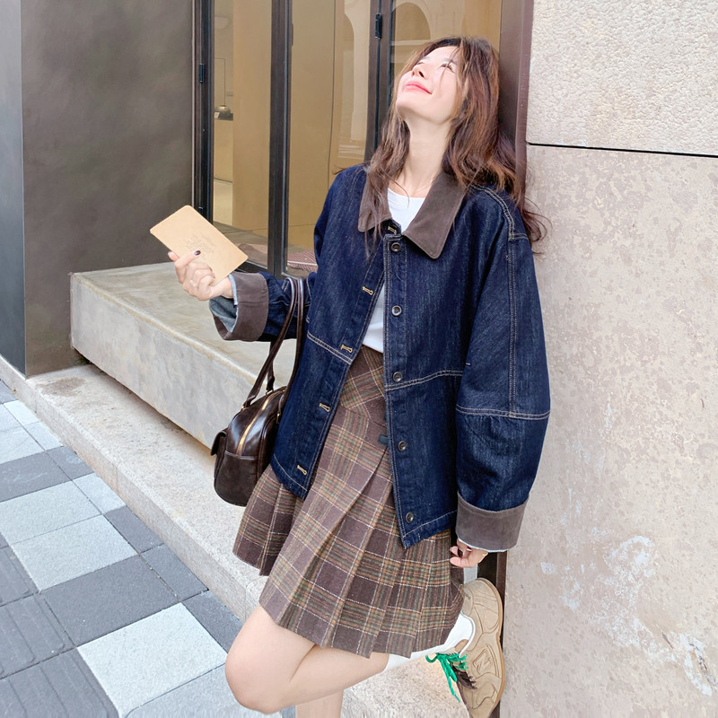 学院风复古翻领牛仔外套女2025秋季新款盐系休闲小个子夹克上衣潮,女装短外套,2C036