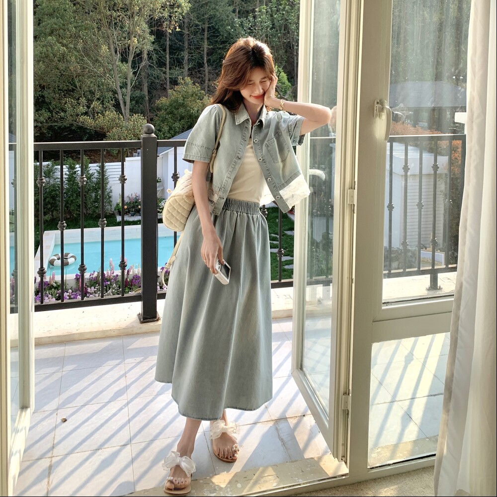ootd穿搭蕾丝拼接短外套配长裙女夏2025新款超火休闲减龄牛仔套装,女装套装/套裙,2C036