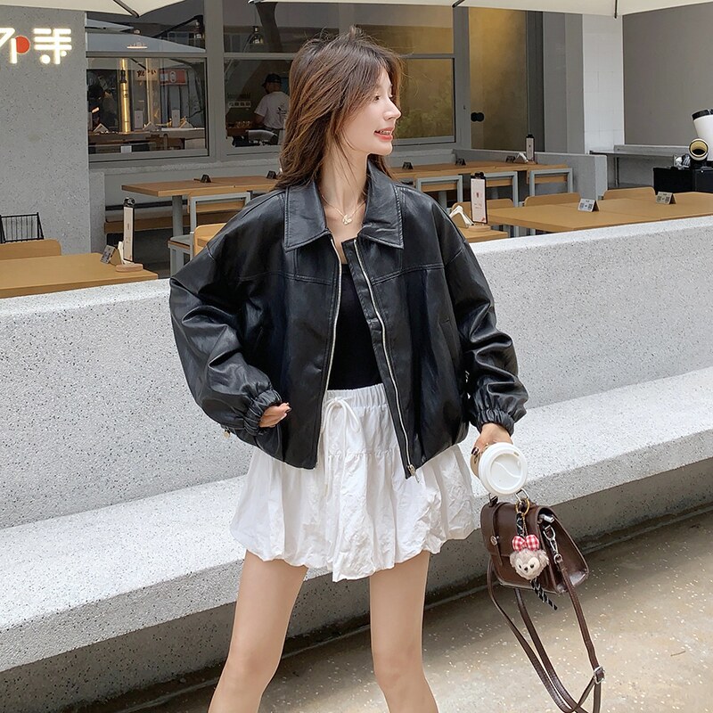 减龄气质黑色翻领皮衣短外套女春秋2025新款小个子PU夹克流行爆款,女装皮衣,2C036