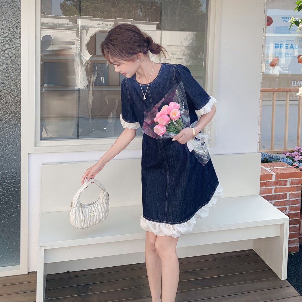 清清牛仔布白色花边连衣裙RF2C036-L392-P125-K188,女装连衣裙,2C036