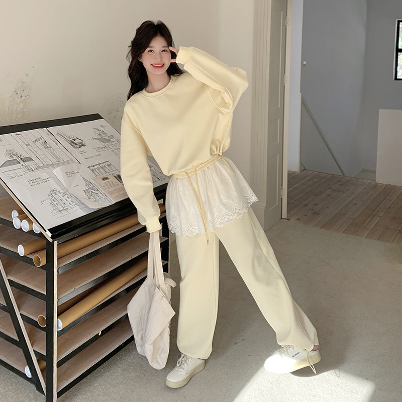 奶甜系蕾丝拼接卫衣女2025春季新款韩系减龄小个子卫裤,女装卫衣/绒衫,2C036