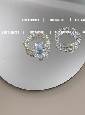 小蓝花珍珠戒指2只装~叠戴组合甜美韩国ins套装花朵指环女食指戒