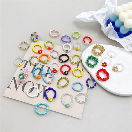 ins泫雅风diy手工串珠戒指花朵韩国IU同款ylyl彩色编织小花食指