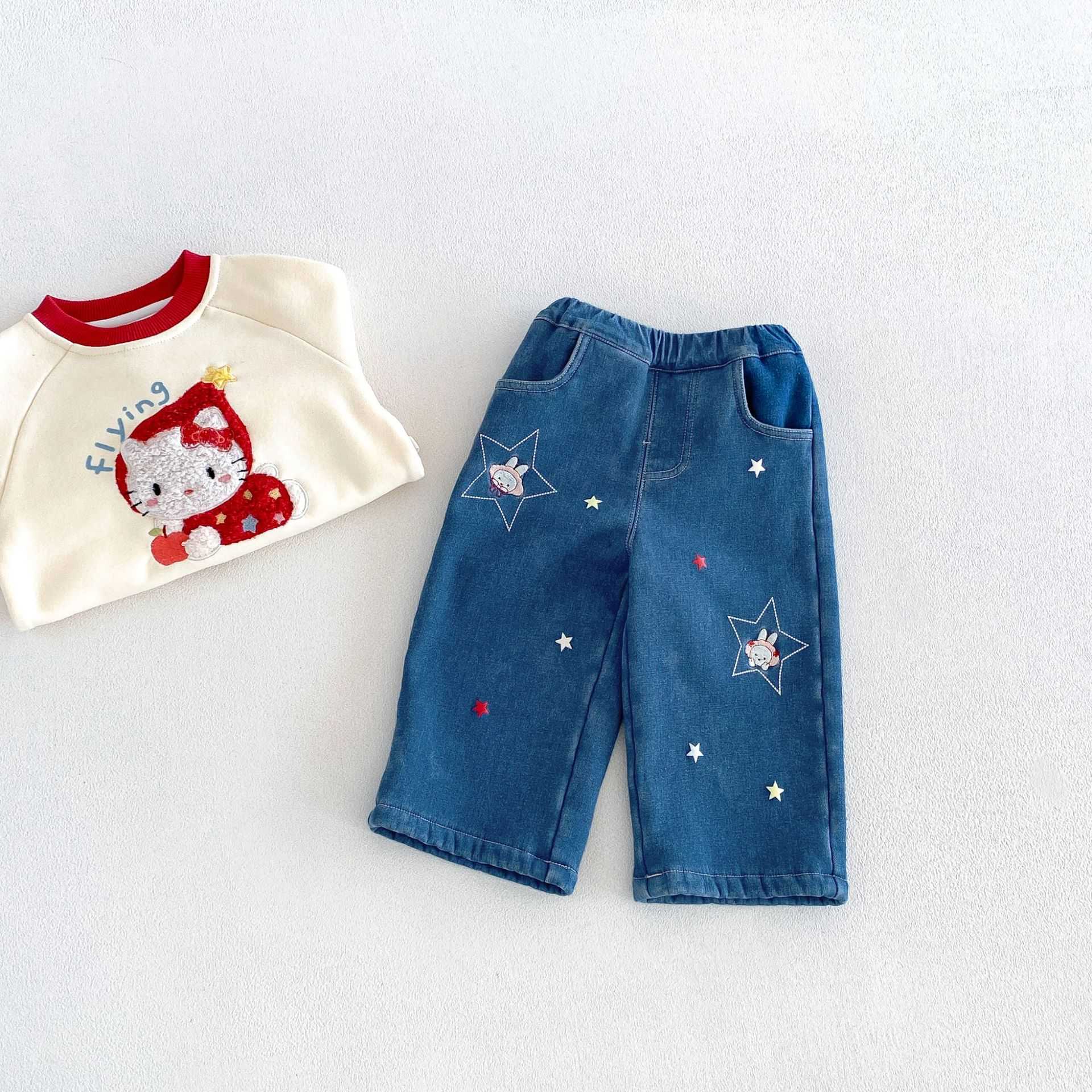 女童加绒牛仔裤2026冬季星星卡通