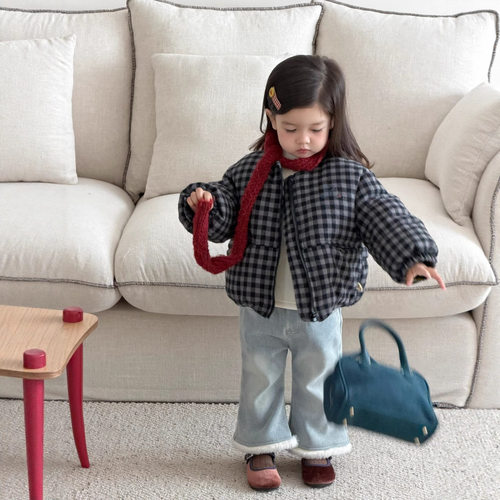 加厚儿童格子棉衣保暖外套2025新款宝宝秋冬装女童牛仔裤套装