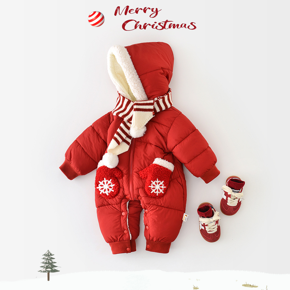 儿童新款爬服新生儿加绒连帽雪花手套拜年加厚保暖包屁衣55882