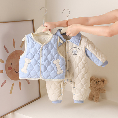 婴儿冬季夹棉套装男女宝宝卡通马甲连体衣两件套新生儿保暖外出服