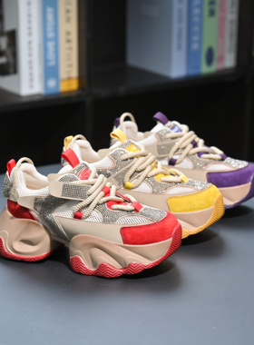 老爹鞋女2025夏季新款厚底老爹鞋女透气网面系带休闲运动鞋 2308