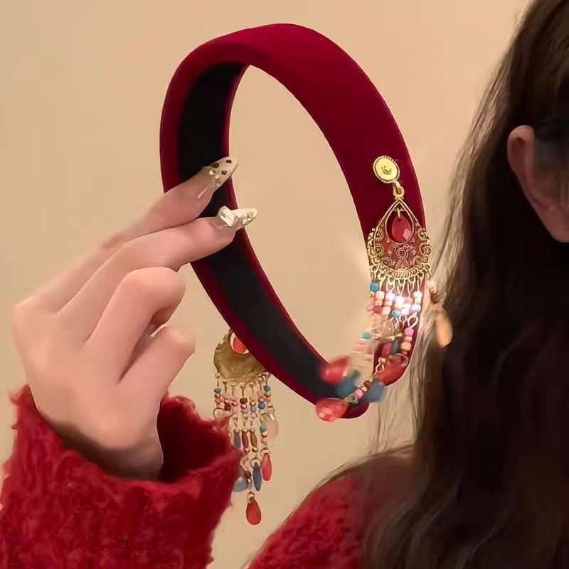 复古宫廷风新年红丝绒流苏发箍高颅顶轻奢头箍气质甜美民族风发饰,饰品/流行首饰/时尚饰品新,发饰,淘宝优惠券,粉丝福利购,淘宝优惠卷