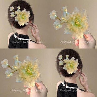 入画江南！黄色牡丹发夹！小清新烫花边夹汉服流苏头饰盘发器发饰