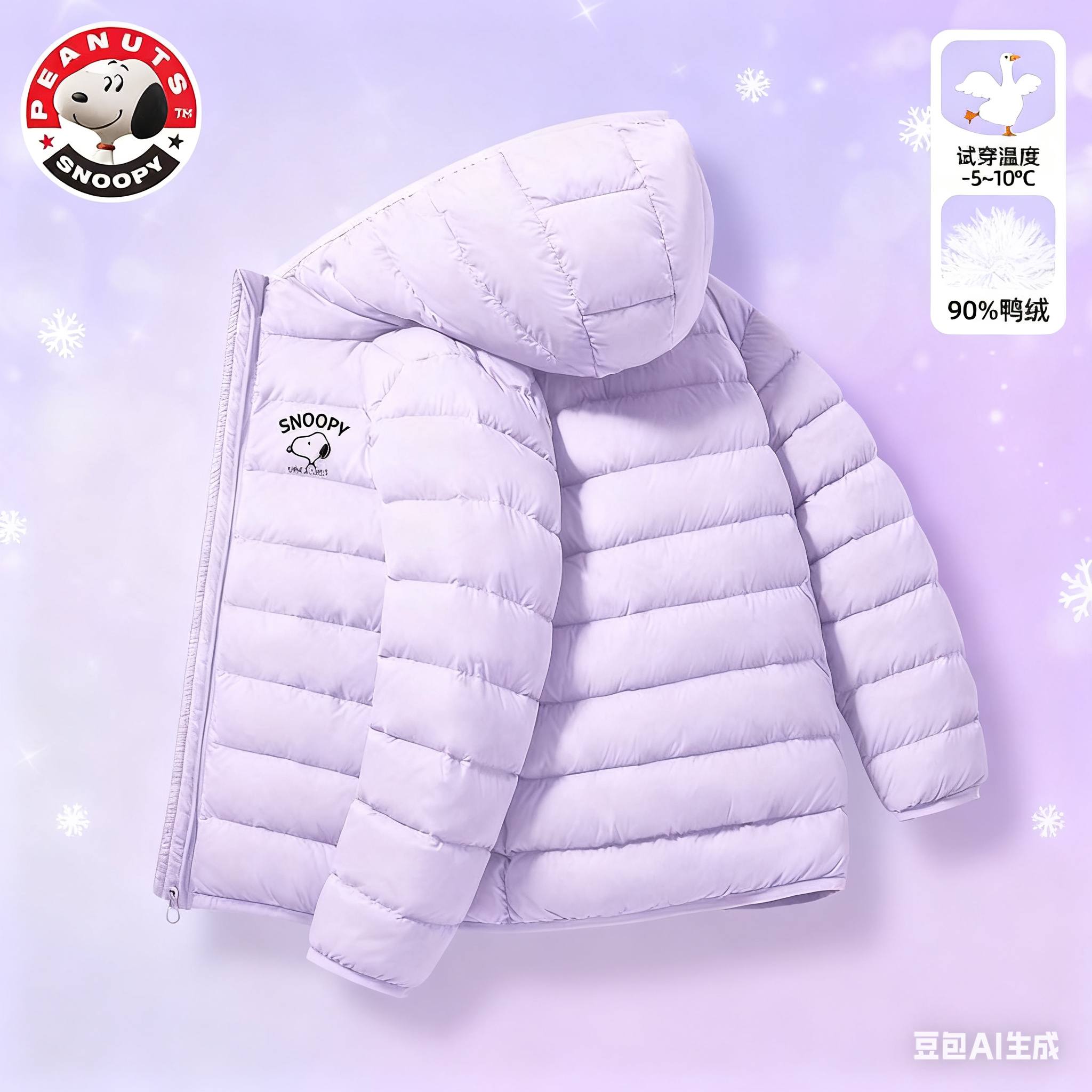 史努比女童羽绒服轻薄紫色2025新款冬装女孩保暖衣服儿童外套秋冬