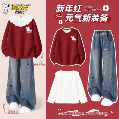 史努比拜年服女童套装2026新款红色加绒中国风冬装厚儿童新年衣服