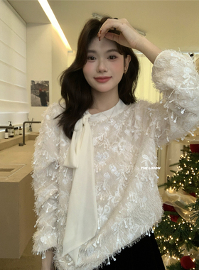 柠檬绿茶-2026早春～法式重工亮片流苏蕾丝小衫TM-1308