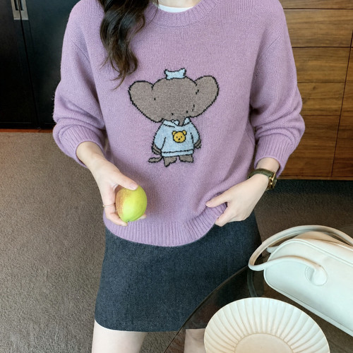 SUSAN-可爱小象刺绣韩系趣味小象提花软糯减龄温柔毛衣6992s