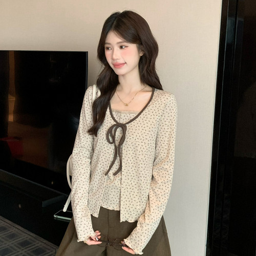 SUSAN-秋序漫染韩系氛围感撞色绑带碎花修身假两件针织衫6530s
