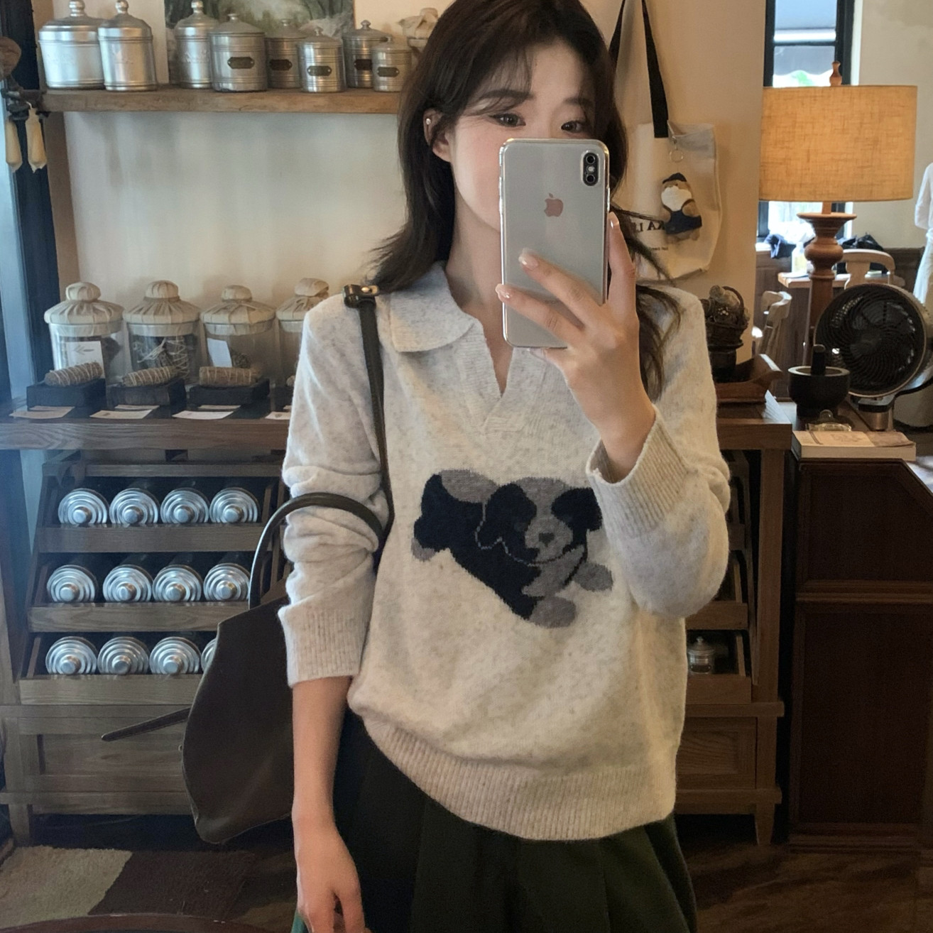 SUSAN-小狗提花Polo翻领V领慵懒毛衣含6羊毛不配披肩)27010秋