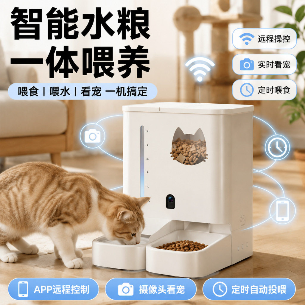 智能宠物喂食器带摄像头猫咪可视互动wifl智联水粮一体猫咪喂食器