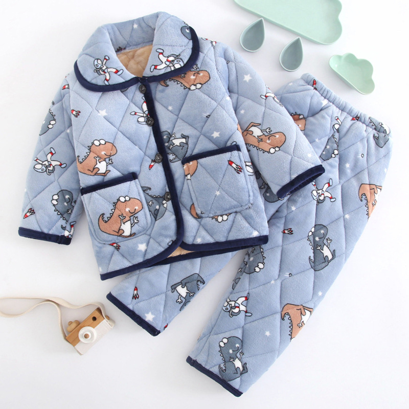 冬季儿童三层夹棉睡衣加绒加厚款法兰绒男童女童珊瑚绒家居服套装