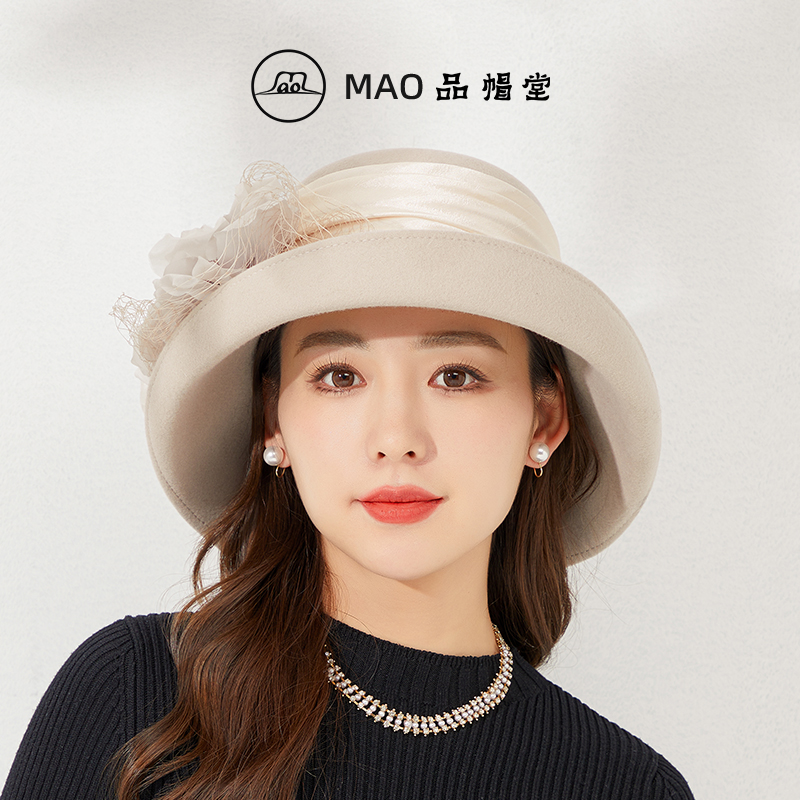 秋冬礼帽女时尚花朵网纱毛呢帽子