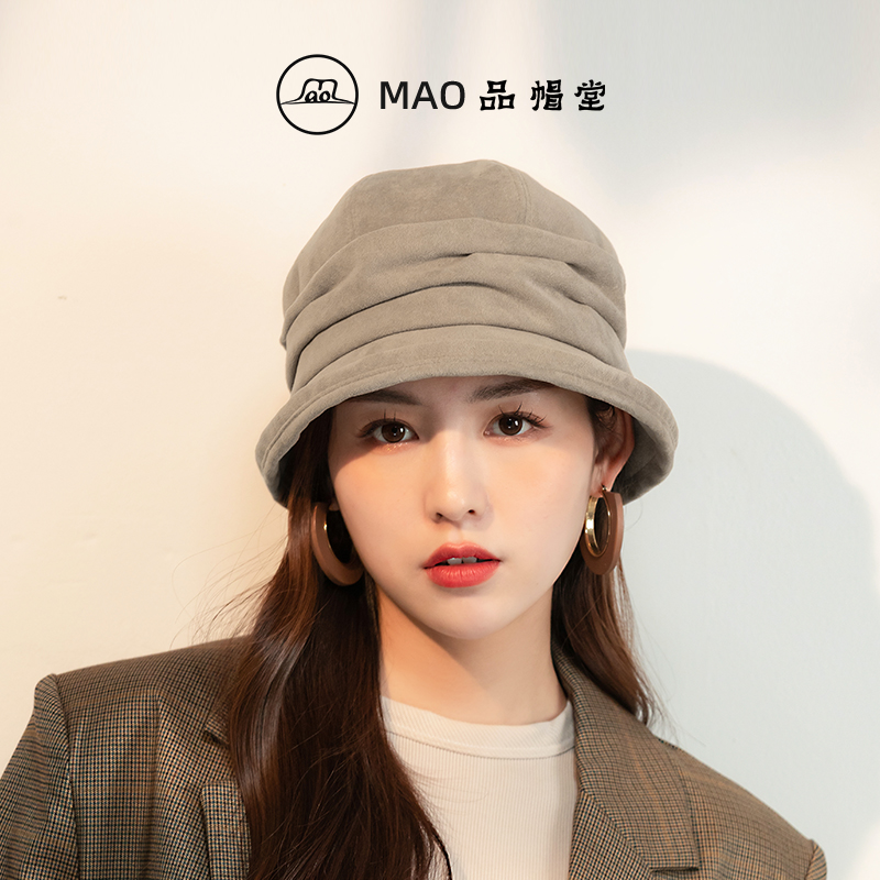 麂皮褶皱小卷边盆帽女士秋冬