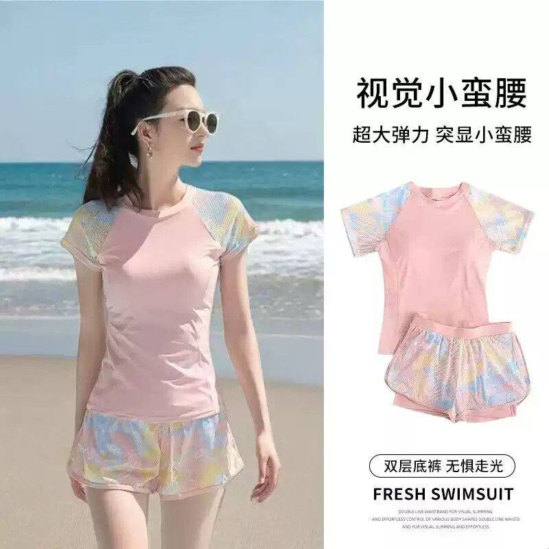 泳衣女款成人短袖分体保守平角裤套装显瘦遮肚速干温泉冲浪服大码