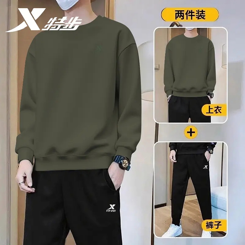 特步运动套装秋季男棕绿休闲运动两件套官方旗舰店正品卫衣裤大码