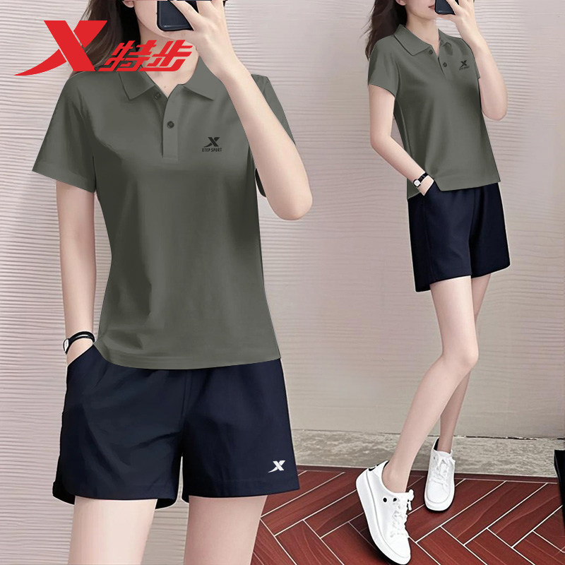 特步运动服套装女2026夏季新款冰丝翻领短袖五分裤休闲跑步两件套图片