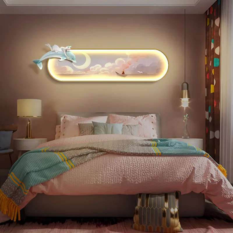 儿童房立体实物装饰画女孩房间发光海豚壁画温馨床头led卡通挂画图片
